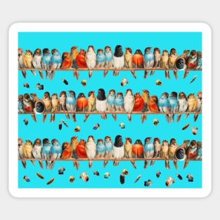 A PERCH OF COLORFUL BIRDS AND FLYING FEATHERS IN BLUE SKY Sticker